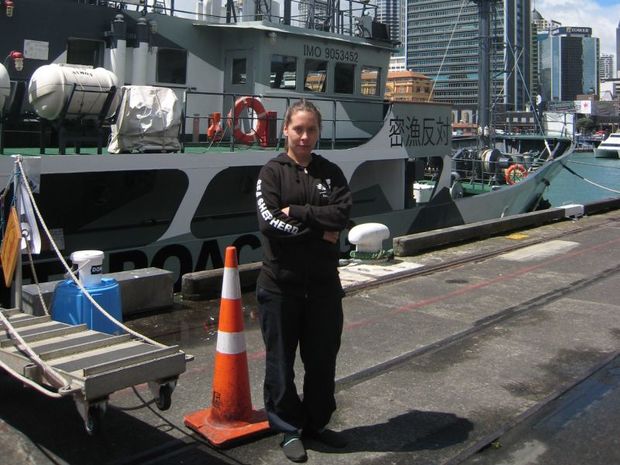 Sonja Hypp nen Ship Manager of The Sam Simon standing by the vessel s gangplank RNZ Lisa Thompson